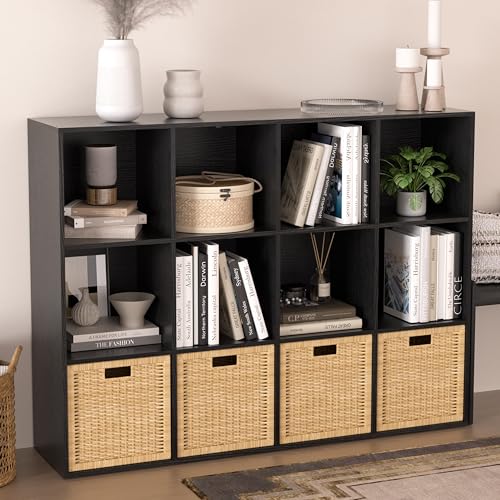 Wooden 12 Cube Storage Organizer with Closed Back Panel,Black Cube Shelf Cubby Storage Organizer with Compartments for Living,Bookshelf, Easy to Install (Black, 12-Cube-11in) - color: Black, size: 12-Cube-11in