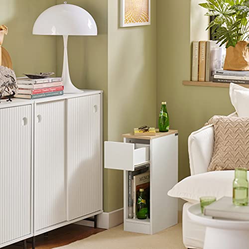 SoBuy Nightstand Narrow Night Stand Modern Design Bedside Furniture Slim End Table Storage Cabinet with Sliding Drawer and Open Compartment, White & Natural FBT111-WN | Slim Dorm Bedsid Table with Open Compartment, White & Natural FBT111-WN - color: White