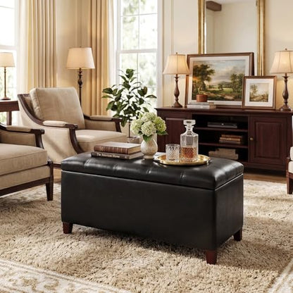 Storage Ottoman Bench, 33 Inches Faux Leather Rectangle Tufted Foot Stool for End Foot of Bed, Bedroom, Living Room, Black - color: Rectangular Black