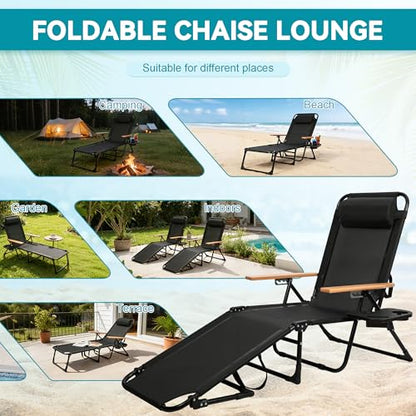 Beach Lounge Chair, Folding Outdoor Chaise Lounge Chair with Arms, 4-Position Backrest, Extended Sun Tanning Chair Pillow & Cup Holder, Patio Lounger for Outside for Beach Pool Patio Yard (Black) - color: Black