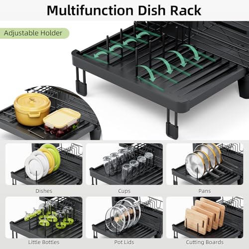 TOOLF Expandable Dish Drying Rack for Kitchen Counter, Black | Extendable 12"-22"W, Fast Draining, Large Capacity, Fits Large Plates, Utensil Holder, 3-4 People Family - size: 1-Tier(Front Extension)