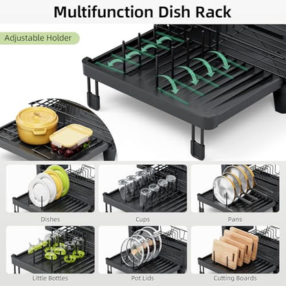TOOLF Expandable Dish Drying Rack for Kitchen Counter, Black | Extendable 12"-22"W, Fast Draining, Large Capacity, Fits Large Plates, Utensil Holder, 3-4 People Family - size: 1-Tier(Front Extension)
