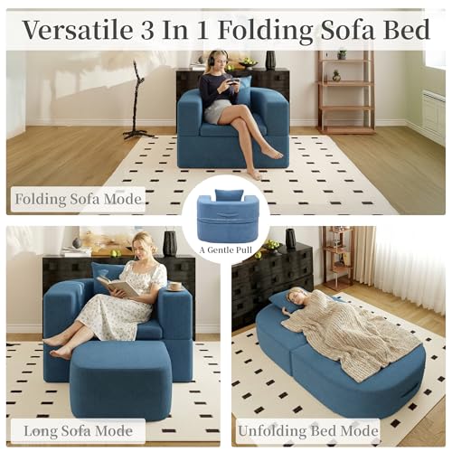 40" Pull Out Couch,2 in 1 Sleeper Sofa Bed,Convertible Sleeper Chair with Pillow Foldable Mattress with Back Support,Teddy Fleece,Blue - color: Blue