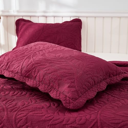 MarCielo 100% Cotton Quilt Set - 3-Piece Embroidered Farmhouse Bedspread & Shams, All-Season Breathable Bedding(Wine Burgundy,Queen (98" x 90")) - color: Wine Burgundy, size: Queen (98" x 90")