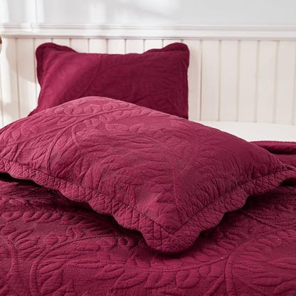 MarCielo 100% Cotton Quilt Set - 3-Piece Embroidered Farmhouse Bedspread & Shams, All-Season Breathable Bedding(Wine Burgundy,Queen (98" x 90")) - color: Wine Burgundy, size: Queen (98" x 90")