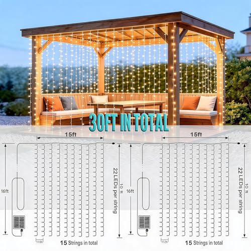 2 Pack Solar Curtain Light Outdoor, 30ft x 10ft, 660 LEDs in Total Solar Powerd String Lights Waterproof Outside for Garden Party Wedding Decór - size: 30 ft