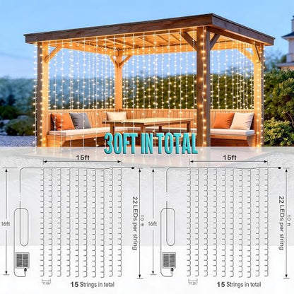 2 Pack Solar Curtain Light Outdoor, 30ft x 10ft, 660 LEDs in Total Solar Powerd String Lights Waterproof Outside for Garden Party Wedding Decór - size: 30 ft