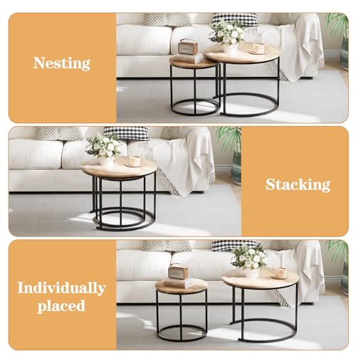 Nesting Coffee Table, 23.6" Round Coffee Table Set of 2, Wooden Nesting Table Set for with Metal Frame, Side Tables for Living Room Bedroom Balcony, Brown - color: Natural Brown