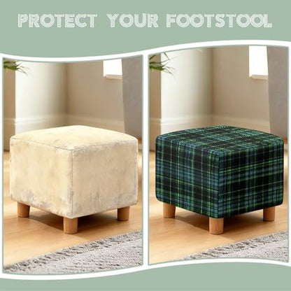 Green Scottish Tartan Print Ottoman Cover Square, Folding Storage Ottoman Slipcovers Jacquard Stretch Cube Footrest Foot Stool Covers Protector with Elastic Band - color: Green Scottish Tartan