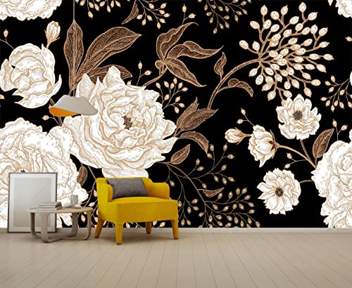 Reyhui Wall Mural Peonies and Roses Floral Vintage Wallpaper | 195"x120" Not Peel and Stick Seamless Gold White Flowers Wall Coverings for Living Room Bedroom Kids Room - color: MURAL-005, size: 195" x 120"