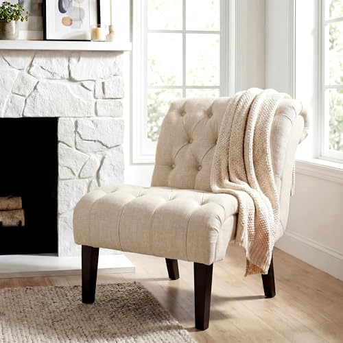 Mid Century Modern Accent Chair, Button Tufted Armless Lounge Chair, Upholstered Linen Side Chair with Solid Wood Legs for Bedroom, Living Room, Office - color: Cream, size: 1 Chair