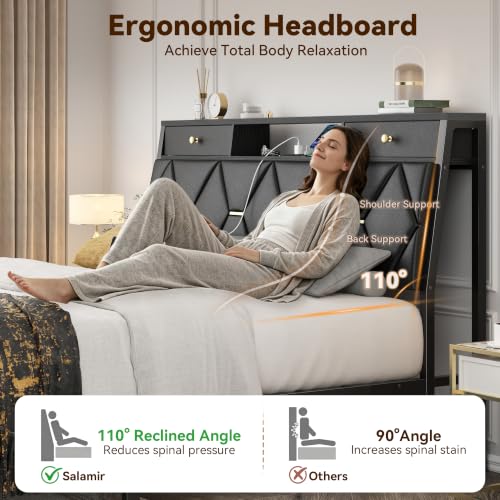 FreeHouse Full Size Bed Frame with Headboard & Storage, All Metal Structure | PU Leather Upholstered Bed Frame Full Size with Charging Station, Diamond Tufted, Gold Accents, No Box Spring Needed, Black - color: Black, size: Full