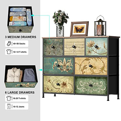 Dresser with Drawers for Bedroom Chest of Drawers Fabric Dresser for Closet,Nursery Entryway Hall Tree TV Stand for Living Room Retro Floral Pattern Drawers Wooden Top (7 Drawers) - size: 11.8"D x 39"W x 31.3"H (7 Drawers)