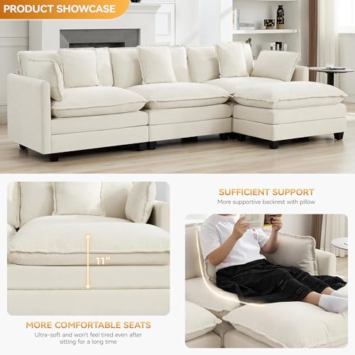 111'' Sectional Cloud Deep Seat Couch, Modern Comfy Chenille L Shaped Sectional Sofa for Living Room Set, Upholstered Modular 4-Seats Sofa Couch with Movable Ottoman, Beige - color: Beige, size: 111'' L Shape