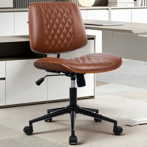 Home Office Desk Chair with Swivel Wheels, Ergonomic Adjustable Height Small Office Chair, Premium PU Leather Armless Computer Chair for Home Office, Reading Meeting Room, Modern Walnut Style (Brown) - color: Mcm Style-brown