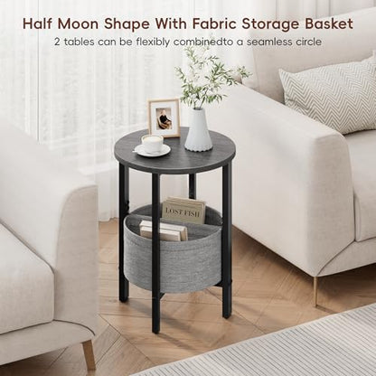 Small Round Side Table End Table, Tall Accent Table with Storage Basket, Set of 2 Half Round Table Half Moon Tables, Coffee Bedside Table Modern Nightstand for Living Room Bedroom Gray Walnut - color: Gray Walnut