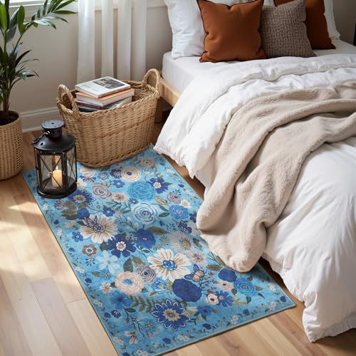 Blue Garden Floral Hallway Runner Rug 2x4 for Bedroom Kitchen | Rubber Backing; Non Slip; Soft;Machine Washable; Ideal for Bathroom, Entryway, Laundry Room - color: Blue, size: 2' x 4' (Rectangular)