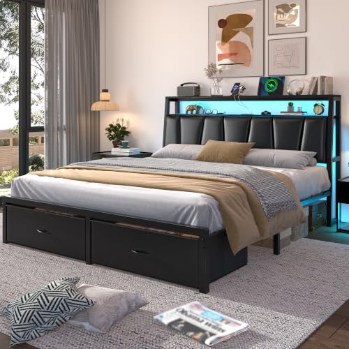 FreeHouse Full Size Bed Frame with Storage Headboard & 2 Drawers, Black | Upholstered Full bed frame with Charging Station & LED Light, Fabric Drawers,Metal Slats, No Box Spring Needed, Noise-Free - color: Black, size: Full