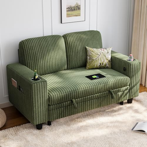 LINSY HOME Loveseat Sofa with Storage - Comfy Plush Corduroy 2 Seater Sofa with USB Charging & Cup Holders, Deep Seat Love Seat for Small Spaces Living Room Bedroom Apartment, Green - color: Green