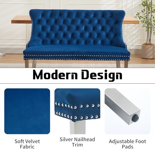 Blue Velvet Dining Bench with Back, Tufted Banquette Seating, Silver Legs | Upholstered loveseat bench; tufted back; nailhead trim; 500 lb capacity; foam and spring seat; dining room or entryway - color: Blue(silver Stainless Steel Legs)
