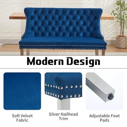 Blue Velvet Dining Bench with Back, Tufted Banquette Seating, Silver Legs | Upholstered loveseat bench; tufted back; nailhead trim; 500 lb capacity; foam and spring seat; dining room or entryway - color: Blue(silver Stainless Steel Legs)