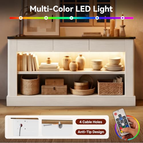 Miereirl 63" Console Table with Drawers & LED Light, Rustic Brown & White | Narrow Entryway Sofa Table, 3 Storage Drawers & Open Shelves, Behind Couch, Living Room Hallway Foyer - color: Rustic Brown&white