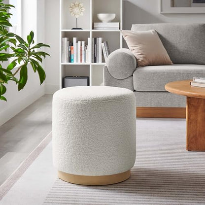 Modway Tilden 16 Inch Round Soft Sherpa Fabric Upholstered Ottoman in Ivory Natural - Small Ottoman Foot Rest with Rubberwood Plinth Base - Living Room Ottoman Side Table - Sherpa Ottoman Footstool - color: Ivory Natural
