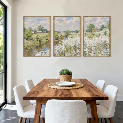 BINCUE Framed Wildflower Wall Art Rustic Floral Wall Decor Vintage Landscape Artwork for Living Room Bedroom Bathroom 16x24 Inches Set of 3 - color: Nature Wildflower, size: 24"L x 16"W
