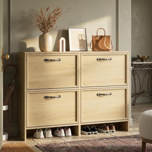 Garvee Shoe Cabinet with 4 Flip Drawers, Narrow Shoe Storage Cabinet with Adjustable Shelf, Hidden Shoes Rack with Anti-Tipping Kit, Freestanding Shoes Rack for Entryway Hallway, Light Wood - color: Light Wood, size: 4 Drawers