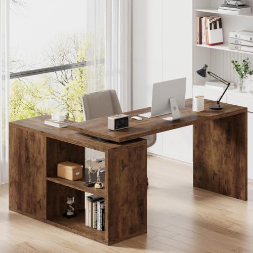 HSH L Shaped Desk with Storage, Home Computer Desk, Rustic Brown, 55 Inch | Reversible Industrial Wood Executive Workstation with Cabinet Shelves, L-Shaped Home Office Table for Study Writing Gaming - color: Rustic Brown