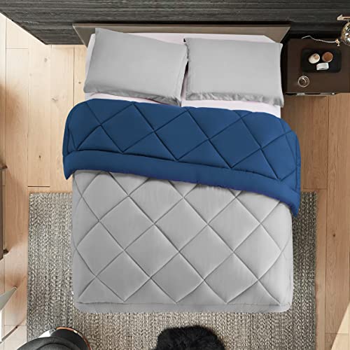 Elegant Comfort Reversible 3-Piece Comforter Set All Season, Ultra Soft, Down Alternative Comforter, Twin, Silver/Navy - color: Silver/Navy, size: Twin/Twin XL