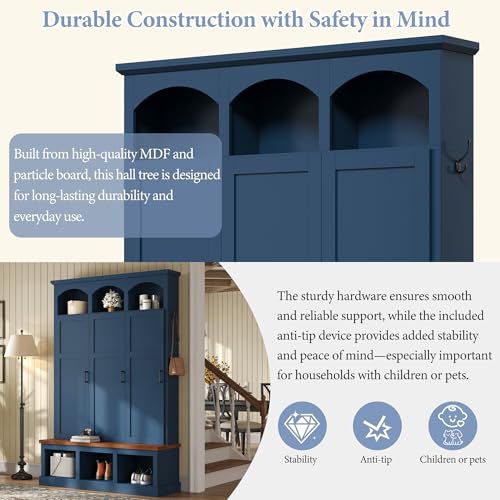 Merax Classic Arched Hall Tree with 3 Hidden Storage, Farmhouse Mudroom Bench with 5 Hooks, Mid-Century Entryway Organizer for Shoes, Blue