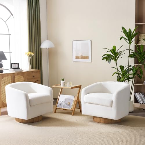 VINGLI 360°Swivel Accent Chairs Set of 2 with Engineered Wood Base and Removable Cushion for Living Room, Bedroom, Curved Back Barrel Chairs for Small Space, Upholstered Bucket Armchairs, Teddy White - color: Teddy-white