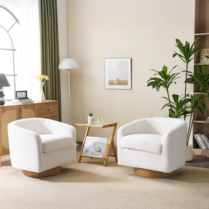 VINGLI 360°Swivel Accent Chairs Set of 2 with Engineered Wood Base and Removable Cushion for Living Room, Bedroom, Curved Back Barrel Chairs for Small Space, Upholstered Bucket Armchairs, Teddy White - color: Teddy-white