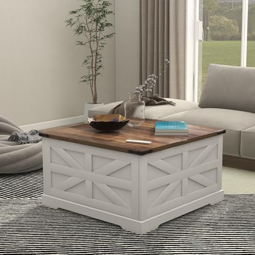 TaoHFE Lift Top Coffee Table with Storage,Rustic White Farmhouse Coffee Table, Square Storage Compartment and Adjustable Shelves Coffee Tables for Living Room (Oak White) - color: Oak White