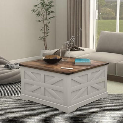 TaoHFE Lift Top Coffee Table with Storage,Rustic White Farmhouse Coffee Table, Square Storage Compartment and Adjustable Shelves Coffee Tables for Living Room (Oak White) - color: Oak White