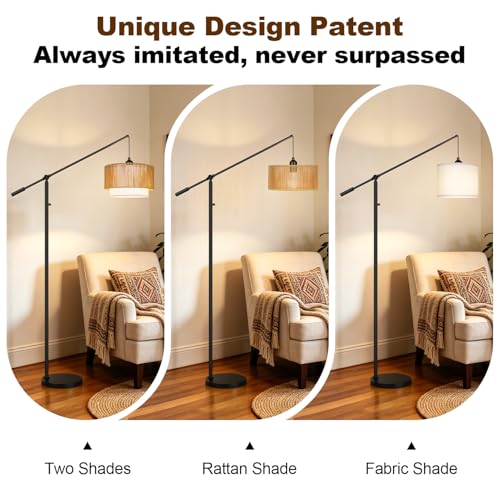【Upgraded】Boho Dimmable Floor Lamps with Adjustable Swing Arm, 1100 Lumens Bulb Included, Modern Standing Lamp with Rattan & Fabric Shades, Farmhouse Tall Arc Floor Lamp for Living Room Bedroom, Black - color: Bohemian-Matte Black