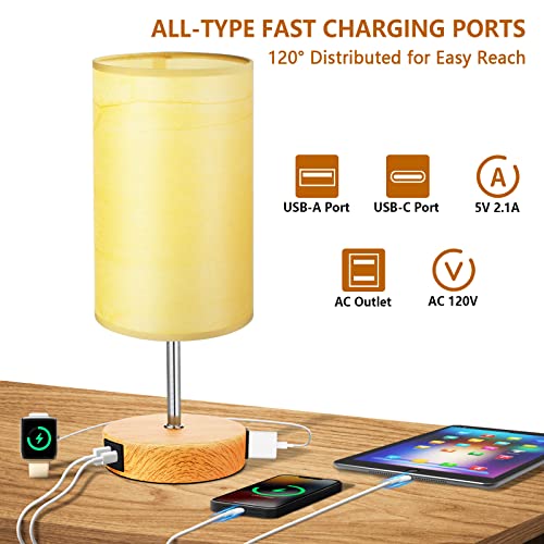 HiBay 17.75" Touch 3-Way Dimmable Bedside Table Lamp with Charging Station | Touch control, 3-way dimming, USB-A USB-C & AC outlet, farmhouse wood-grain adds cozy warmth for living room office desk - color: Wood Grain, size: Set of 1
