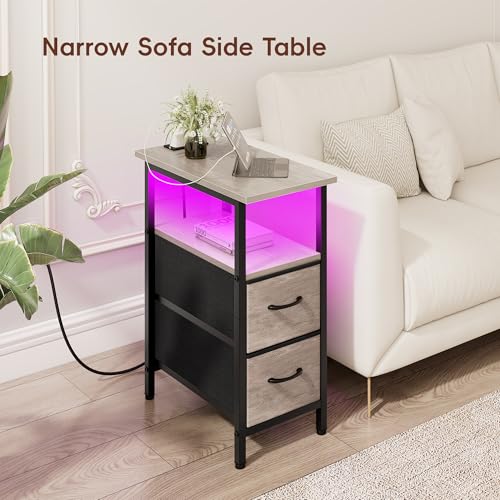 Set of 2 Nightstand with Charging Station and LED Lights, Narrow Side Table, LED Night Stand with 2 Fabric Drawers, Bedside Table Small End Table, Tall Nightstand for Bedroom, Rustic Grey - color: Greige, size: 2, style: With LEDs
