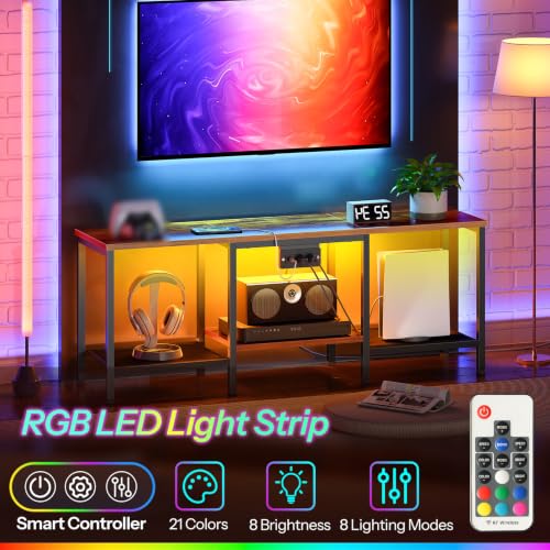 HOOBRO 충전 스테이션이 있는 TV 스탠드, 139.7cm(55인치), LED 엔터테인먼트 센터, 거실, 침실용 오픈 보관 선반이 있는 미디어 TV 콘솔 테이블, 러스틱 브라운 및 블랙 BF122UDDS01 - color: 러스틱 브라운 + 블랙