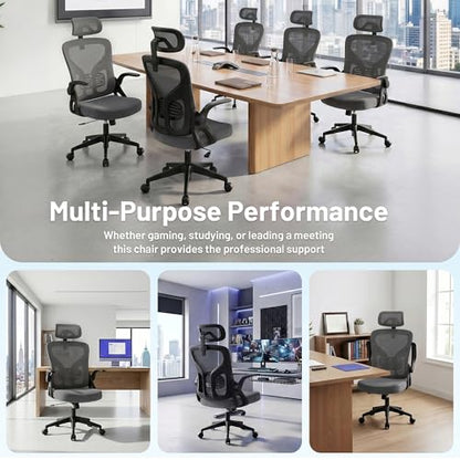 Office Chair Ergonomic Desk Chair with Adjustable Headrest Lumbar Support, High Back Breathable Mesh Chair with 120° Tilt & Flip-Up Armrests, Swivel Comfy Task Computer Chair for Work, Study - color: Dark Gray