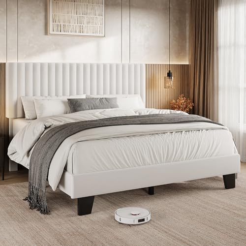 Einhomn Full Size Bed Frame with Headboard, Upholstered Velvet Platform Bedframe with Solid Wooden Slats, Noise-Free, No Box Spring Needed, Easy Assembly, White - color: White, size: Full