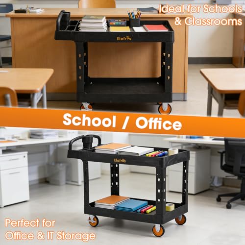 Extra Large Heavy Duty Plastic Utility Work Cart, 43.5 x 24.6 in | 550 lbs Capacity, Deep Tub Shelves, Ergonomic Handle, 5-Inch Casters, Rolling Service Cart, Tool Cart, Garage Warehouse Shop