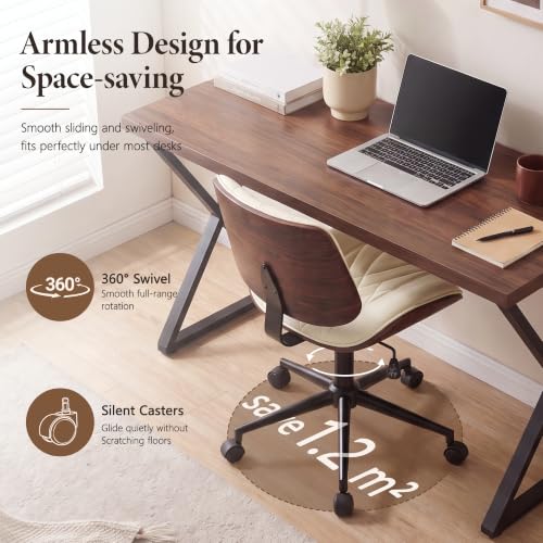Armless Office Chair, Small Comfy Leather Desk Chair with Wheels | PU Leather, Adjustable Height, Swivel Rolling, Mid Back Computer Chair, Home Bedroom Meeting Room, Beige - color: Beige