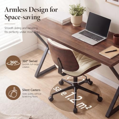 Armless Office Chair, Small Comfy Leather Desk Chair with Wheels | PU Leather, Adjustable Height, Swivel Rolling, Mid Back Computer Chair, Home Bedroom Meeting Room, Beige - color: Beige