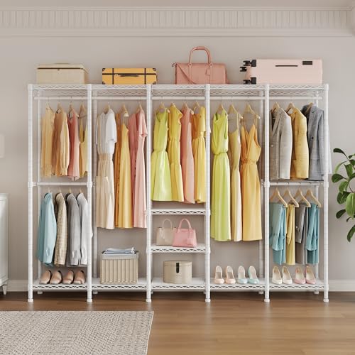 Higeego H5 Clothing Rack for Hanging Clothes, Heavy Duty Closet Rack, White | Large Garment Rack, 93.3"Wx15.7"Dx75.4"H, Freestanding Wardrobe Closet, with Adjustable Shelf, Load 1400 lbs - color: White