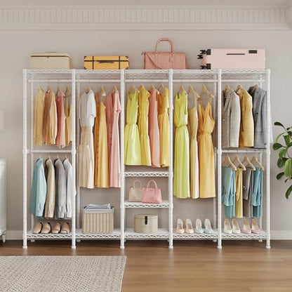Higeego H5 Clothing Rack for Hanging Clothes, Heavy Duty Closet Rack, White | Large Garment Rack, 93.3"Wx15.7"Dx75.4"H, Freestanding Wardrobe Closet, with Adjustable Shelf, Load 1400 lbs - color: White