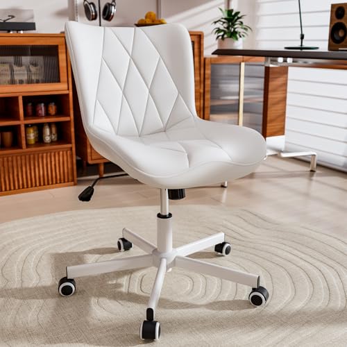 Armless Desk Chair, Morden Home Office Chair no Arms, Adjustable Height & Rocking Computer Chair, PU Leather Vanity Chair, Ergonomic Seat Soft Padded Desk Chairs for Home Small Space, White - color: White