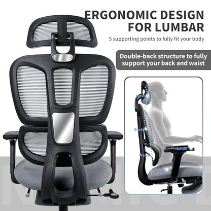 Ergonomic Office Chair with Footrest, 90-135° Reclining High Back Desk Chair with Lumbar Support, 2D Headrest, 4D Armrests, Computer Chair for Long Hours, Dark Grey - color: Dark Grey