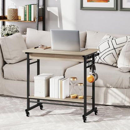 Tangkula Rolling Computer Desk Cart with Keyboard Tray, Mobile Portable Laptop PC Desk with CPU Stand & 3 Hooks for Sofa & Bed, Compact Small Desk on Wheels for Small Spaces (Grey) - color: Grey